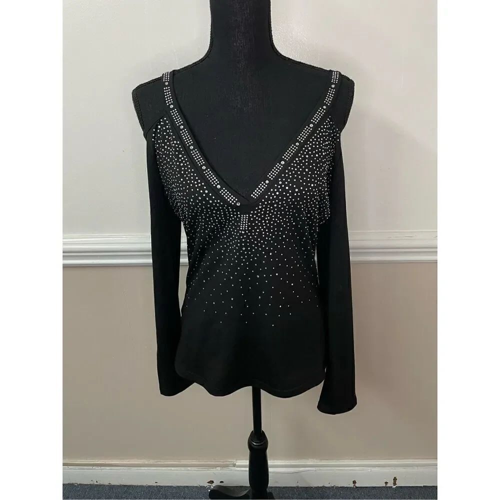 Black Cold Shoulder Sequin V-Neck Long Sleeve Blouse Size Large